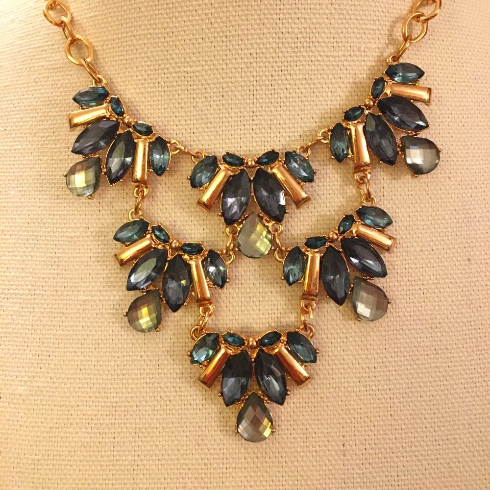 Necklace Vintage Retro 80s Green Rhinestones Gold
